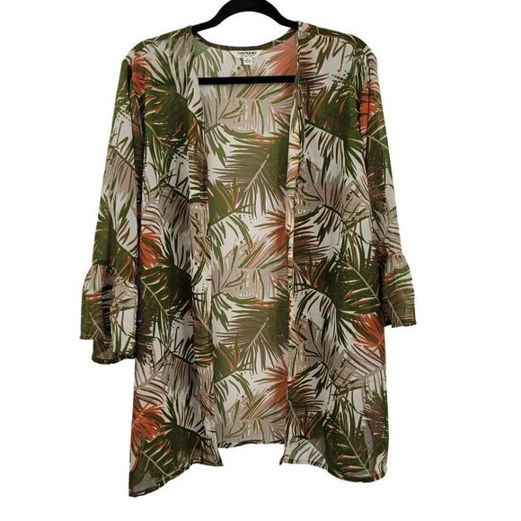 Vintage 80's Tantrums Kimono Coverup XL Green Sheer Botanical Camo Ruffle Cuff - Picture 1 of 13